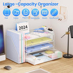 OPNICE Desk Organizer, 4-Tier Desktop File Organizer with Drawer and 2 Pen Holders, Office Desk Accessories, File Sorters, Workspace Organizers for Office Supplies(White)