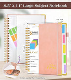 Spiral Notebook Journal with Removable Dividers Tabs, 300 Pages Hardcover Leather 5 Subject College Ruled Notebook, 8.5"x11" Large A4 Lined Journal for Women Men, Spiral Notebook for Work School, Pink