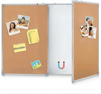 Mooliwe 60"x40" Tri-fold Cork Board Whiteboard Combo, Foldable Combination Magnetic Dry Erase Bulletin Board & Corkboard with Aluminum Frame Wall Mounted for Home, Office and School(Wood)