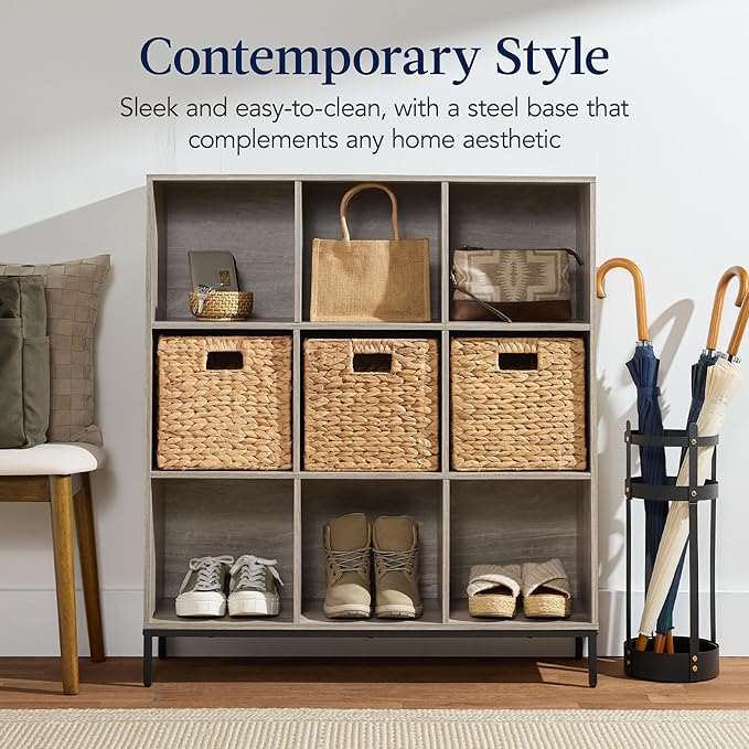 Best Choice Products 9-Cube Bookshelf, 3-Tier Wood Storage Bookcase W/Legs, 11in Shelf Opening, Cube Organizer, Living Room, Office, Nursery - Greige