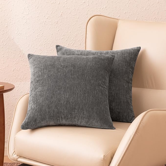 Amazon Basics Chenille Throw Pillow Covers, Home Decor Cushion Cover for Bedroom Living Room Couch Bed, 16" W × 16" L, Dark Gray