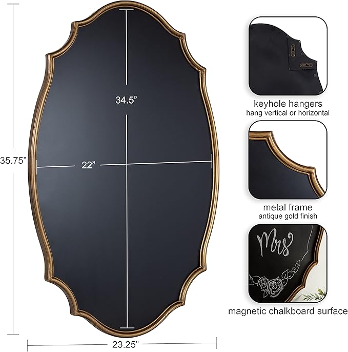 Kate and Laurel Leanna Decorative Scalloped Metal Chalkboard; 24 x 36; Gold; Framed Rounded Oval Vintage Chalkboard for Unique Display; Organization; and Decor