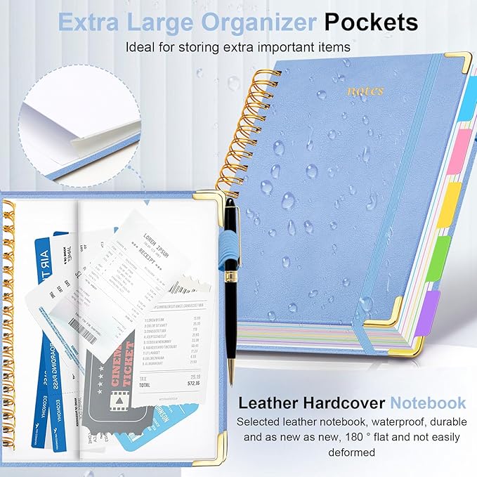 Hardcover Spiral Notebook 6.2"x 8.2" Journal Notebook with Tabs and Removable Dividers 300 Pages 5 Subject Notebook College Ruled, Faux Leather Spiral Bound Notebook for Women School Work(Lake Blue)