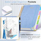 Hardcover Spiral Notebook 8.5"x11" Journal Notebook with Tabs and Removable Dividers 300 Pages 5 Subject Notebook College Ruled, Faux Leather Spiral Bound Notebook for Women School Work (Lake Blue)