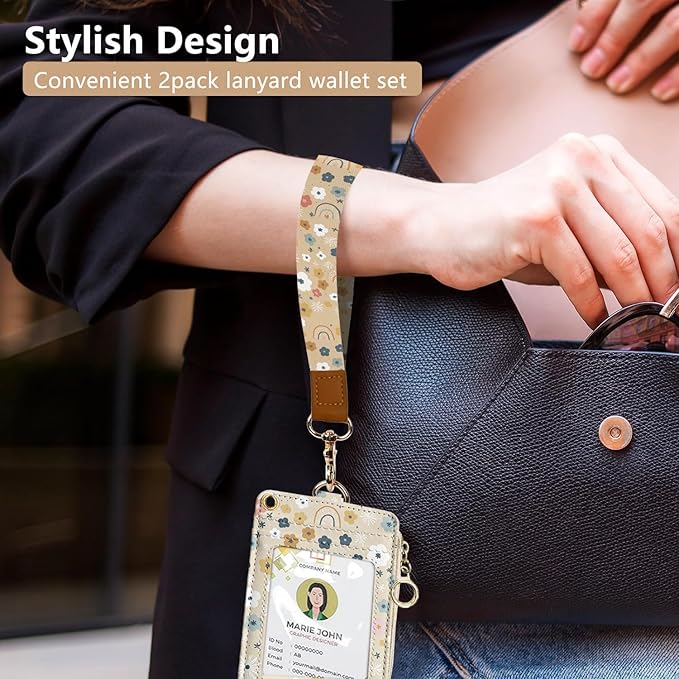 bolimoss Floral Lanyard Wallet & ID Badge Holder 2-in-1, Cute Women Badge Holder with Lanyards, Leather ID Badges Holder for Nurse Teacher Student Office（Flowers Rainbows）