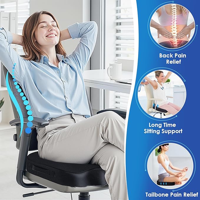 TushGuard Seat Cushion for Office Chair Memory Foam Non-Slip Cushion Back, Coccyx, Sciatica, Tailbone Pain Relief Butt Pillow for Office Chair, Car, Wheelchair, Black, X-Large