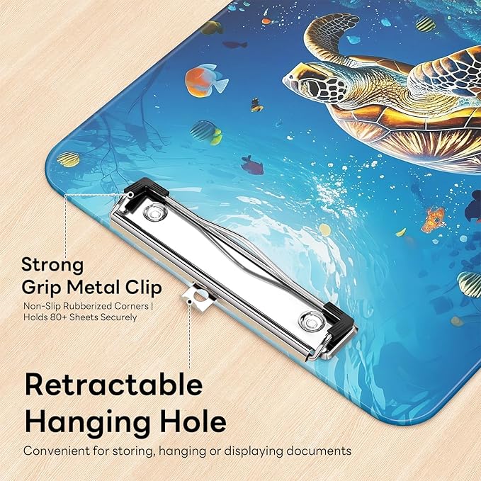 Luminzo Plastic Cute Clipboard Low-Profile Metal Clip, A4 Letter Size 9 x 12.5 in, 8.5 x 11 Paper Clip Board for Teachers, Nurses, Classroom,Sea Turtles