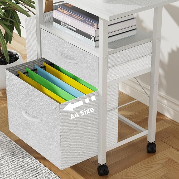 GYIIYUO 2 Drawer File Cabinet with 24'' Extended Desktop, Mobile Filing Cabinet, Rolling File Cabinet with Side Bag, Fabric Drawer, Fits A4/Letter Size, Printer Stand Home Office, White