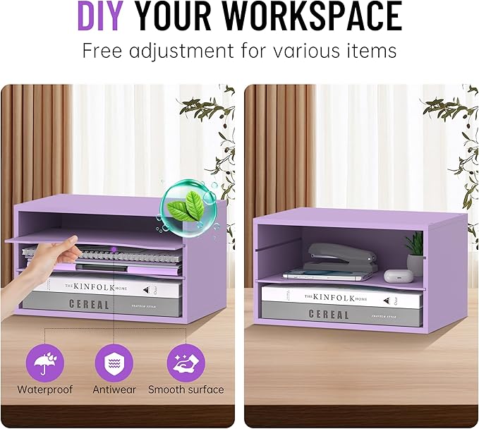 SHARKWOODS Wood Desk Organizer, 3 Tier Paper Tray Organizer for Desk with Adjustable Storage Shelves, Desktop File Organization Paper Sorter Mail Holder for Office Home Classroom, Purple