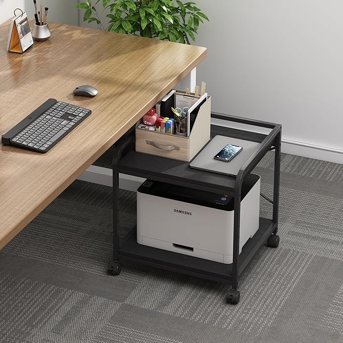 Fannova 2 Tier Under Desk Printer Stand with Storage, 20 Inches Deep Large Printer Table with Height Adjustable Shelf, Rolling Printer Cart with Wheels for Home Office - Black