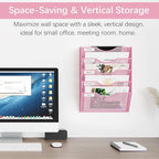 EasyPAG 5 Pocket Mesh Wall File Organizer, Hanging Paper Folder Holder with Classify Label, Vertical Wall Mount Mail Organizer for Office Home Classroom, Pink