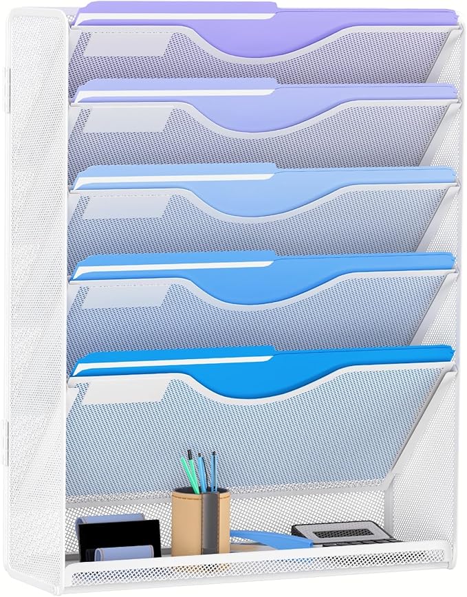 Gawerk 6 Tier Hanging File Organizer, Mesh Wall File Holder Paper Folder Rack with Bottom Flat Tray for Office Home, White