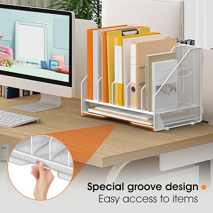 OrgMate Desk File Folder Holder Organizer-5 Vertical Compartments Racks and Paper Letter Tray,Mesh Magazine File Holder Sorter,Desktop Accessories & Workspace Organizers for Home,Office,School-White