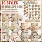 TaoBary 160 Pcs Stationery Paper Set 50 Double Sided Stationery Papers with 50 Matching Envelopes and 60 Round Dot Sticker, 10 Design(Nature Vintage Style,8.5 x 11 Inch)