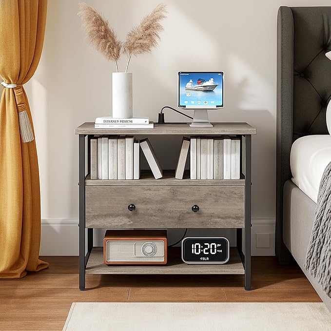 Edbuosy 27 Inch Wide Night Stand with Charging Station, Wood Nightstand with Open Shelf, Large Drawer Bedside Table for Living Room/Bedroom/Office (Rustic Gray)