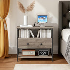Edbuosy 27 Inch Wide Night Stand with Charging Station, Wood Nightstand with Open Shelf, Large Drawer Bedside Table for Living Room/Bedroom/Office (Rustic Gray)