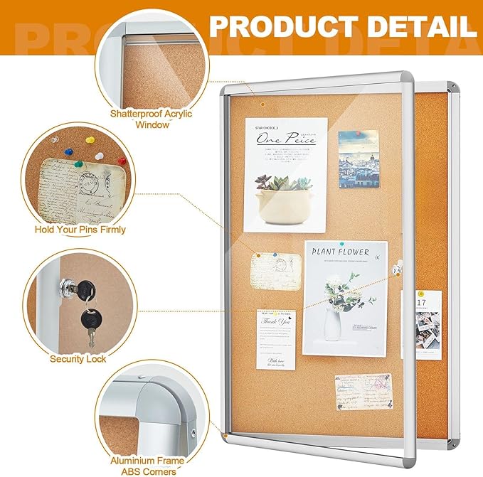 Geetery 36 x 24 Inch Enclosed Bulletin Board Tamperproof Lockable Cork Board Fabric Noticeboard, Aluminium Frame Display Cases Wall-Mounted for School, Office, Commercial, Hospital