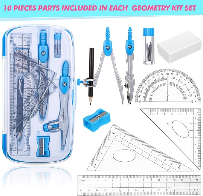 Zonon 24 Sets Math Geometry Kit Student 10 Pcs Shatterproof Storage Box Includes Compass, Rulers, Protractor, Eraser, Pencil Sharpener, Lead Refills, Pencil for Back to School Students Class Teacher