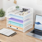 Cawukege 5 Tier Paper Organizer with Handle, Metal Mesh Desk Organizer File Folder Paper Letter Tray Desktop Document Sorter for Classroom, School, Office Accessories Organization and Storage - White