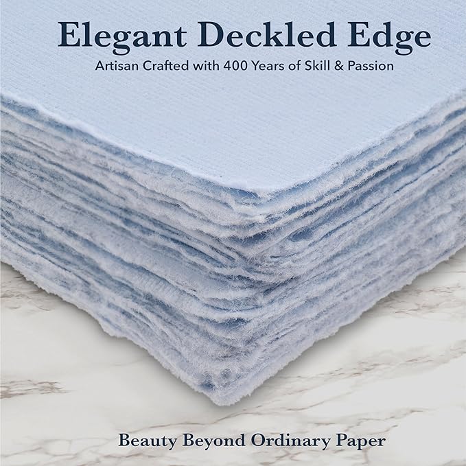 Wanderings 50 Pack Blue A6 Handmade Deckled Edge Cotton Paper - Cold Pressed Texture - Paint, Watercolor, Writing, Printer - Cards, Wedding Invitations, Menus, Arts and Crafts. 150gsm - 10.5x15 cm