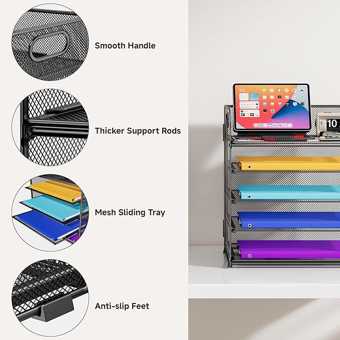 Cawukege 5 Tier Paper Organizer with Handle, Metal Mesh Desk Organizer File Folder Paper Letter Tray Desktop Document Sorter for Classroom, School, Office Accessories Organization and Storage - Black