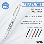 DISCOUNT PROMOS Custom Langham Ballpoint Ink Pen - Set of 100 Writing Pens for Work - Cool Pens for Writing, Black Ink, White