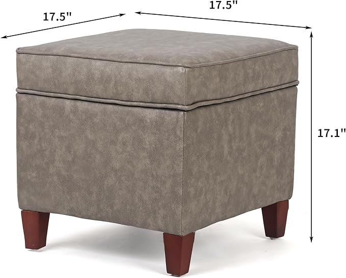 Asense Square Storage Ottoman Faux Leather Upholstered Footrest Footstool with Wooden Legs, Grey