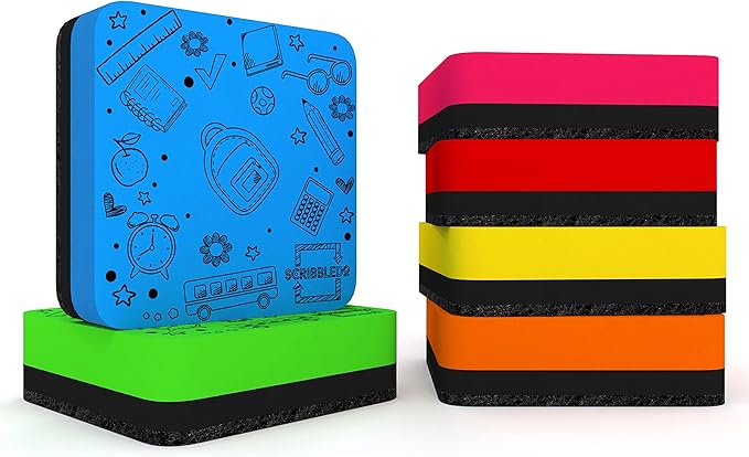 Scribbledo 6 Pack Magnetic Dry Erase Erasers - Assorted Colors, Magnetic, Smudge Free for Kids, Students, Classroom, Home, School, Office