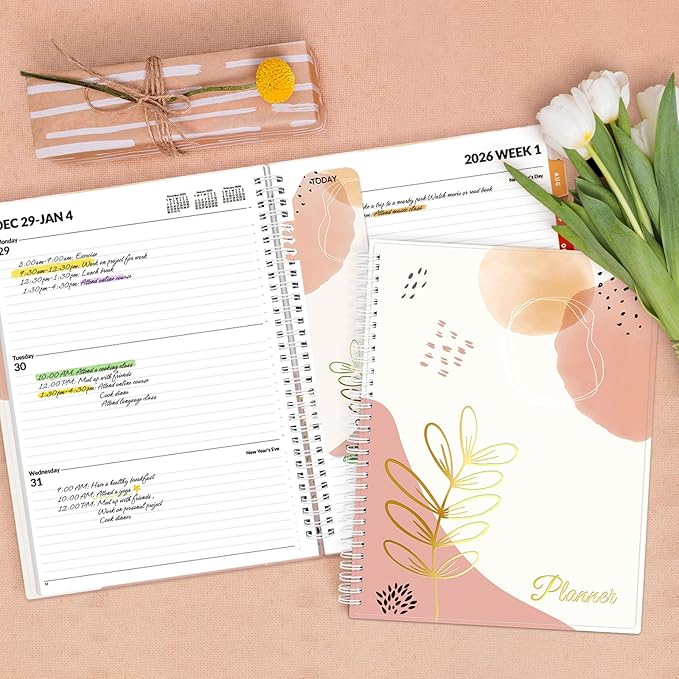 SUNEE 2026 Weekly and Monthly Planner - from January 2026 - December 2026, Daily Agenda Planner with Monthly Tab, Flexible Cover, Note Pages, Pockets, Bookmark, Spiral Binding, Pink Breeze, 8.5"x11"