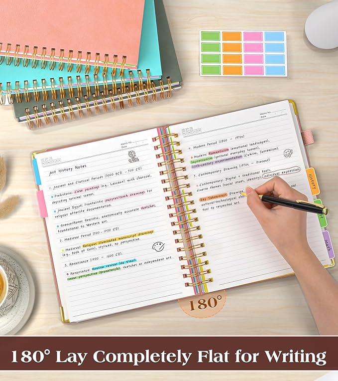 Spiral Notebook Journal with Removable Dividers Tabs, 300 Pages Hardcover Leather 5 Subject College Ruled Notebook, 8"x10" Large B5 Lined Journal for Women Men, Spiral Notebooks for Work School, Pink