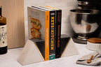 Cork & Mill Marble Book Ends for Shelves, Decorative Bookends for Heavy Books, Unique Mid Century Modern Gray and White Bookends with Brass Inlay, Heavy Duty Bookshelf Stopper, Set of 2