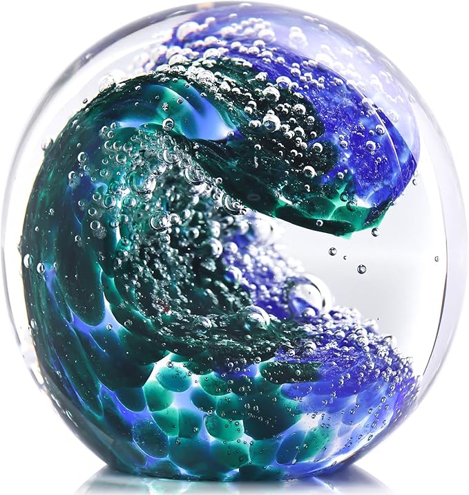 LCCCK Hand Blown Glass Ocean Waves Glass Ball Beach Office Decor, Blue Glass Paperweight Ideal Beach Decorations for Home, Suitability Seaside Villa Aquarium Ocean Lover's Gift
