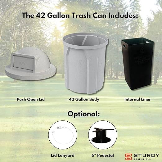 Campus Collection 42 Gallon Circle 100% Recycled Plastic Heavy Duty Outdoor Commercial Trash Can with Push Open Dome Lid and Internal Liner | Great for Schools and Businesses - Light Granite
