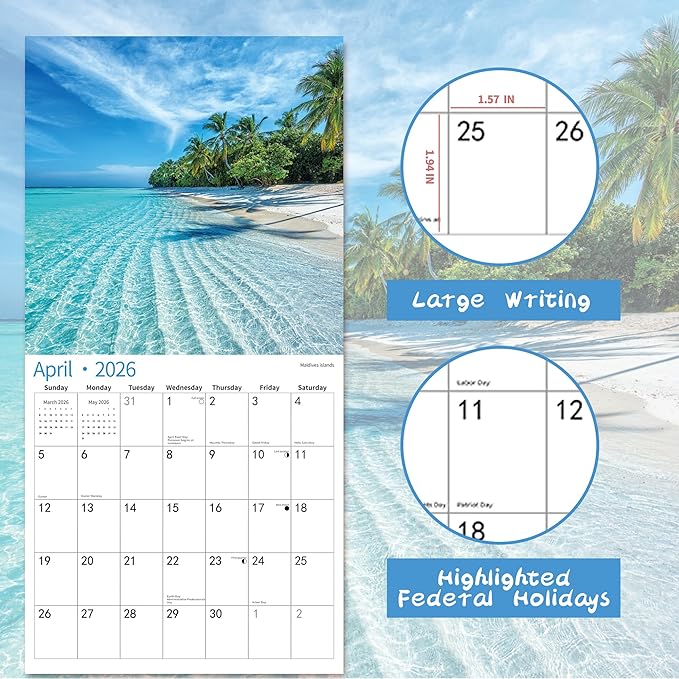 2026 Wall Calendar,Calendar 2026, November 2025 - December 2026, Wall Calendar Beaches, 12" x 24" Opened,Full Page Months Thick & Sturdy Paper for Calendar Organizing & Planning