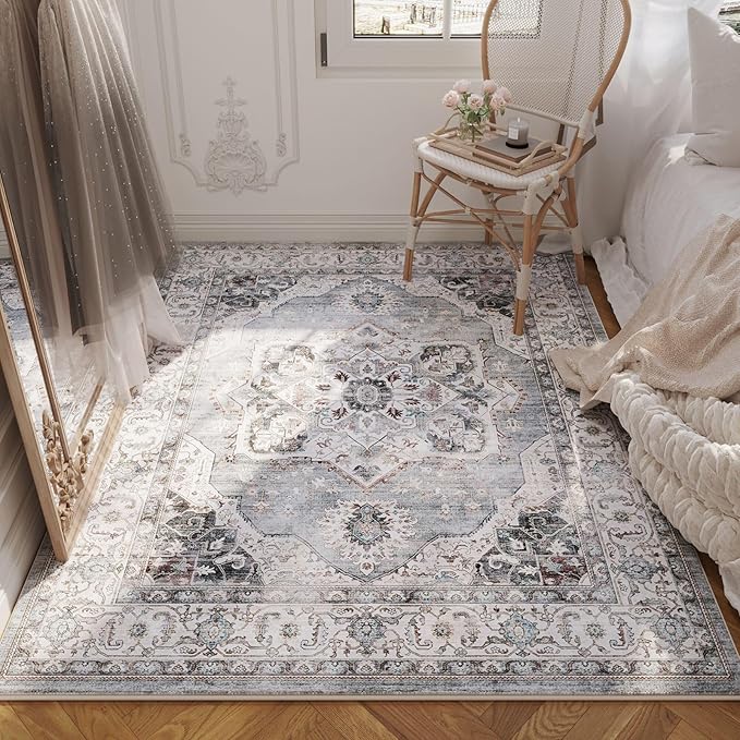 Rugcomf Vintage Medallion 4'x6' Rug - Machine Washable Area Rug, Non-Slip Low Pile Boho Carpet for Girl/Boys Room, Living Room, Kids, Entry - Grey and White