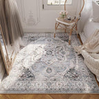 Rugcomf Vintage Medallion 4'x6' Rug - Machine Washable Area Rug, Non-Slip Low Pile Boho Carpet for Girl/Boys Room, Living Room, Kids, Entry - Grey and White