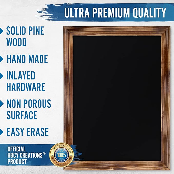 HBCY Creations 18" x 24" Torched Brown Solid Wood Frame Wall Chalkboard, Magnetic Surface, Home Décor, Restaurant & Café Menus, Blackboard, Includes Chalk, Eraser & Hanging Hardware