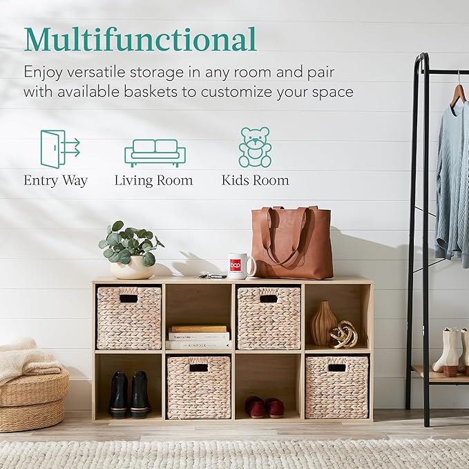 Best Choice Products 8-Cube Storage Organizer, 11in Shelf Opening, Bookcase, Display Shelf, Customizable w/ 3 Removable Back Panels – Light Oak