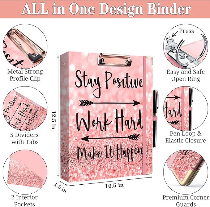 Lateefah 3 Ring Binder, 1 Inch Binder Organizer for Letter Size(8.5'' x 11'') with 5-Tab Dividers and Pockets, File Folders with Low Profile Clipboard for Office, School Supplies