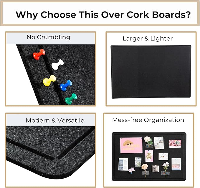 DexBoard 60 x36 inch Large Bulletin Board for Wall | Felt Pin Board with 30 Push Pins | Foldable Picture Display Board for Home, Office & School | Self-Adhesive Mounting (Black)
