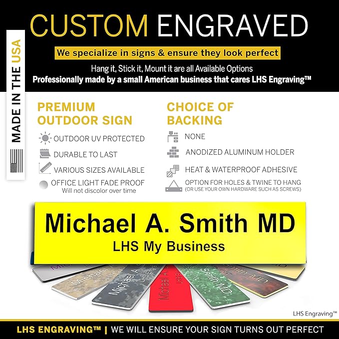 Personalized Name Plate with Choice of Mounting Holders for Walls, Doors, Cubicles, Hanging and More - Custom Yellow Plastic Black Letters - USA Made 2x10 - B4