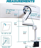 ULTRARM Heavy Duty Monitor Arm for Ultrawide Monitors up to 57" and 44 lbs, Single Desk Stand, Pneumatic Height Adjustable, Modular Extension Arms - Max VESA 100x100, White, MA20PW-S