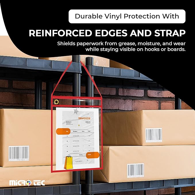 MICRO TEC Repair Order/Work Ticket Holders – Heavy-Duty Vinyl Sleeves with Red Handle – 11" x 13" for Automotive Repair Orders, Job Tickets, Documents – Pack of 25 – Clear w/Red Handle