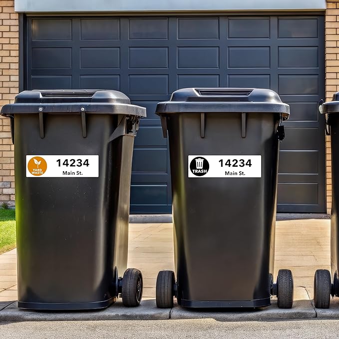 Custom Trash Can Stickers - Personalized Garbage, Recycle and Yard Waste Container Labels for Address and House Number