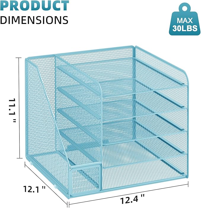 Marbrasse Desk Organizers and Accessories, 5-Tier Paper Letter Tray Organizer with File Holder, Mesh File Organizer, Office Desk Accessories & Organization for Supplies (Blue)