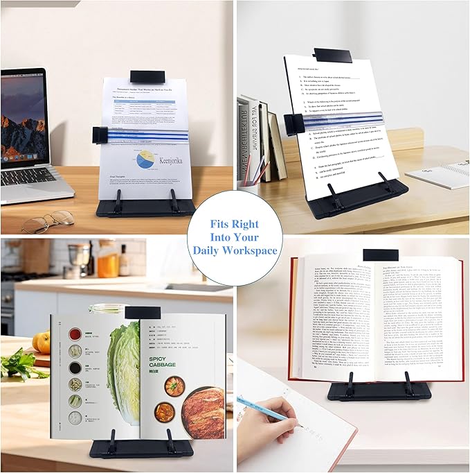Keenjorika Desktop Document Book Holder with 7 Adjustable Positions, Black Document Holder for Desk, Paper Holder Copy Stand Holder for Speech, Paper Holder Stand for Desk Typing, Angle Adjustable