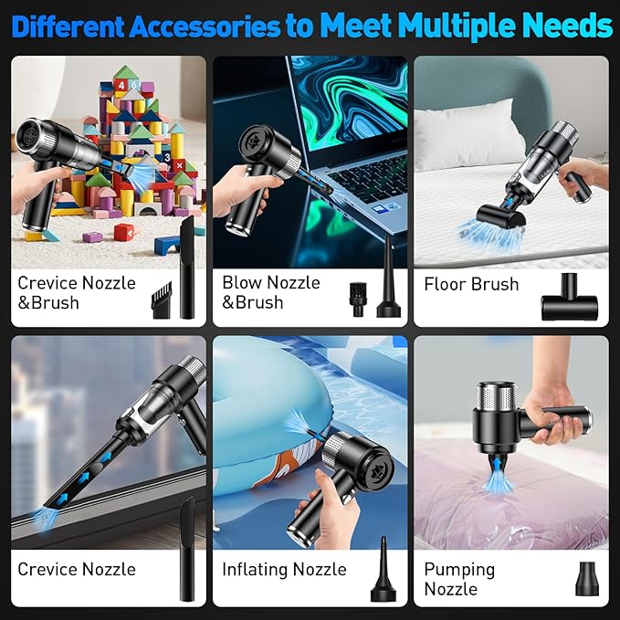 SHLNLI Mini Vacuum Cleaner, 16000PA Car Vacuum Cleaner Portable Cordless with LED Light, 4 in 1 Air Duster and Handheld Small Vacuum Rechargeable for Car, Home, Office, Pet（Black）