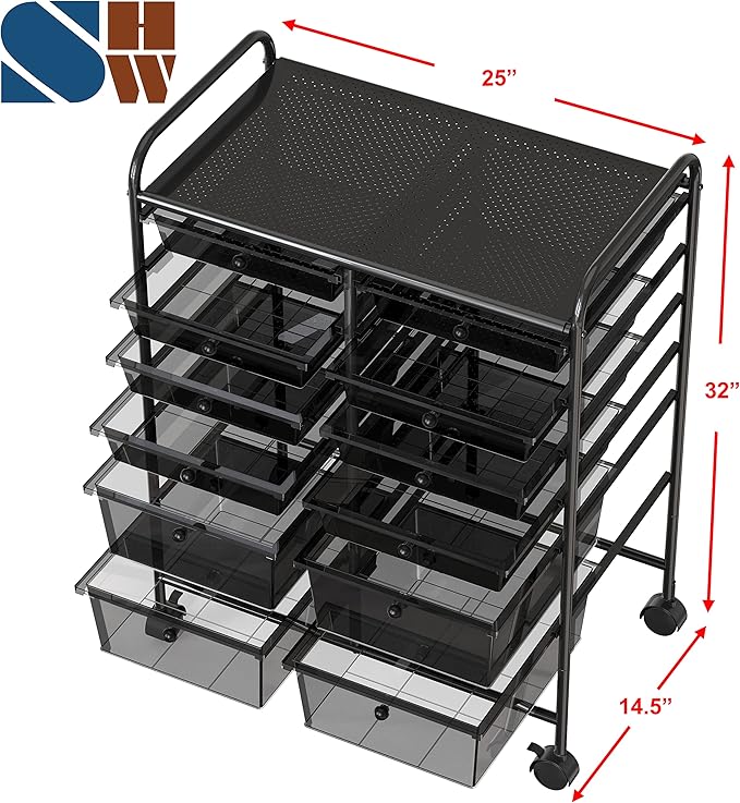Simple Houseware Utility Cart with 12 Drawers Rolling Storage Art Craft Organizer, Black