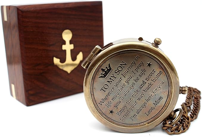 US HANDICRAFTS Brass Compass with Wooden Case | Engraved Compass from Mom to Son | Graduation Gift, Birthday, Inspirational Travel Keepsake