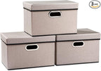PRANDOM Foldable Storage Bin with Lid [3-Pack] Linen Fabric Decorative Storage Box Organizer Container Basket Cube with Handles Divider for Closet Office Living Room Light Grey(14.9x9.8x9.8)